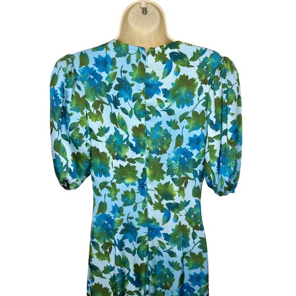 AMUR Blue Green Floral Ruched Asymmetrical Midi Dress - Size 4 - Picture 6 of 10